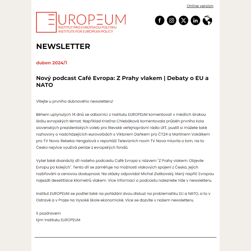 Newsletter: Nový podcast Café Evropa: Z Prahy vlakem | Diskuze o EU