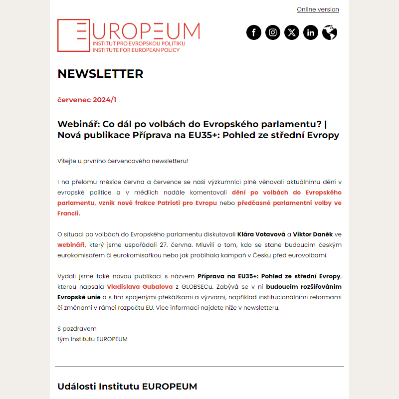 Newsletter: Co dál po volbách do Evropského parlamentu? | Nové publikace Institutu EUROPEUM