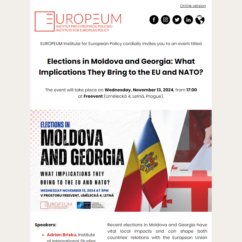 Invitation: Elections in Moldova and Georgia: What Implications They Bring to the EU and NATO?, November 13,, 17:00