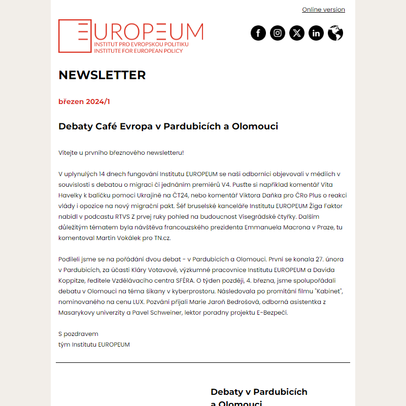 Newsletter: Debaty Café Evropa v Pardubicích a Olomouci