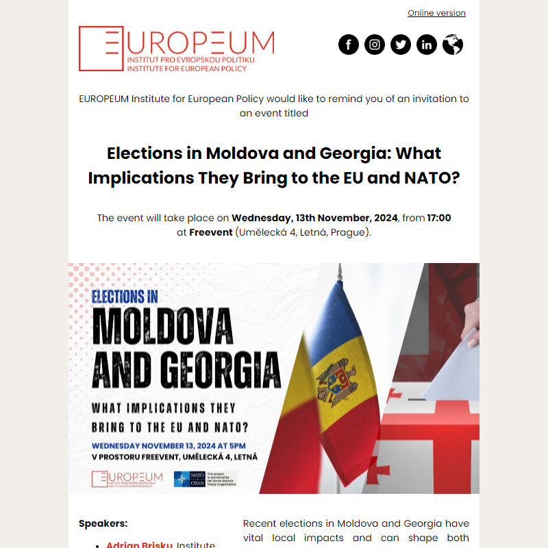 Reminder: Elections in Moldova and Georgia: What Implications They Bring to the EU and NATO?, 13th November, 17:00