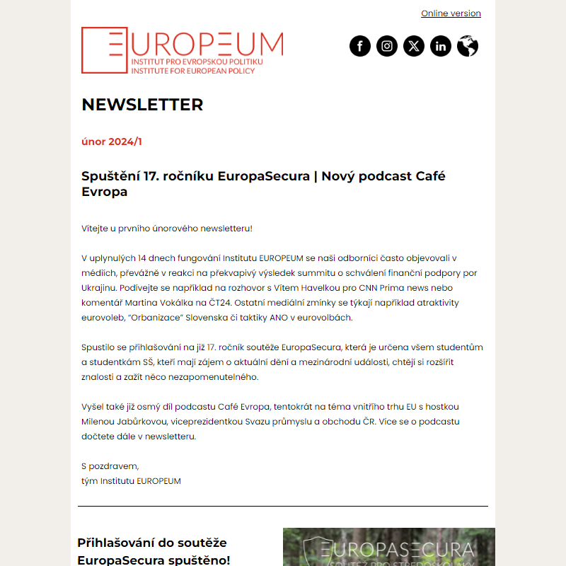 Newsletter: Spuštění 17. ročníku EuropaSecura | Nový podcast Café Evropa