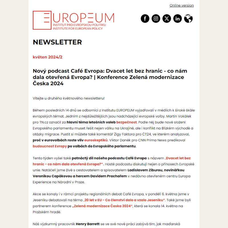 Newsletter: Nový podcast Café Evropa|Konference Zelená modernizace Česka 2024