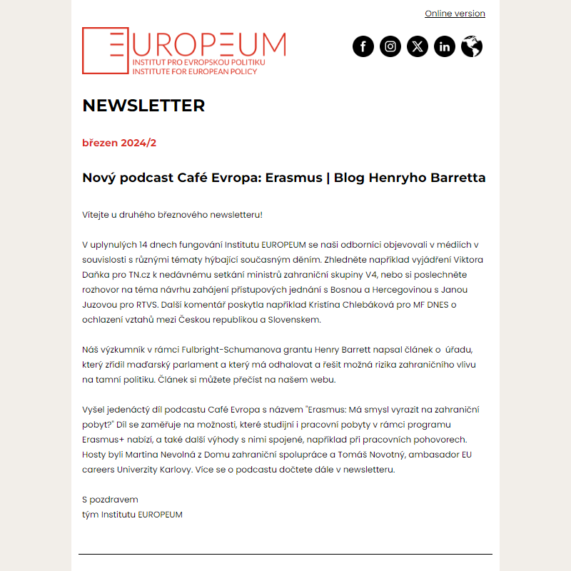 Newsletter: Nový podcast Café Evropa: Erasmus | Blog Henryho Barretta
