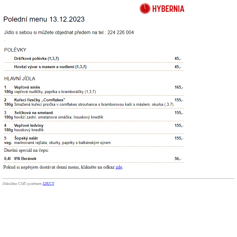 Restaurace Hybernia 2002 - Polední menu dne 13.12.2023