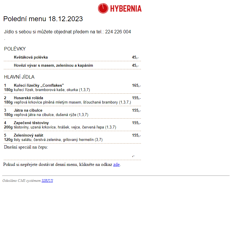 Restaurace Hybernia 2002 - Polední menu dne 18.12.2023