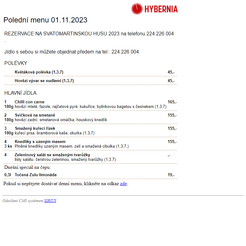 Restaurace Hybernia 2002 - Polední menu dne 01.11.2023