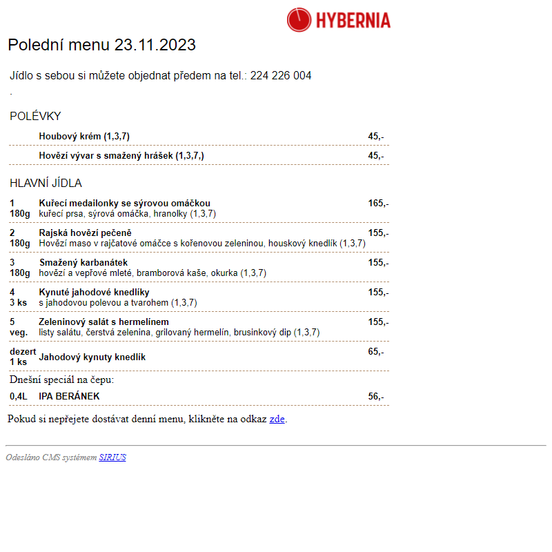 Restaurace Hybernia 2002 - Polední menu dne 23.11.2023