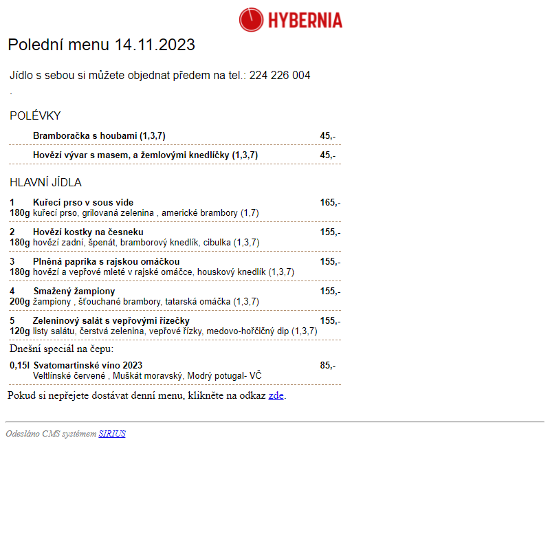Restaurace Hybernia 2002 - Polední menu dne 14.11.2023