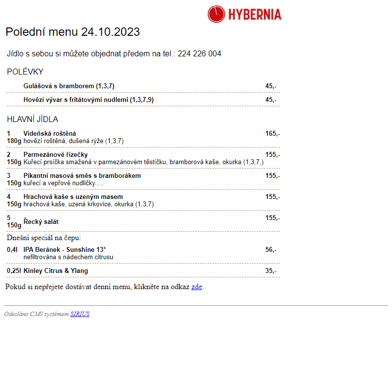 Restaurace Hybernia 2002 - Polední menu dne 24.10.2023