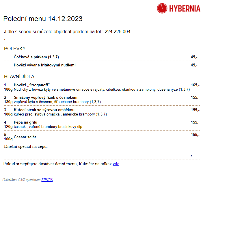 Restaurace Hybernia 2002 - Polední menu dne 14.12.2023