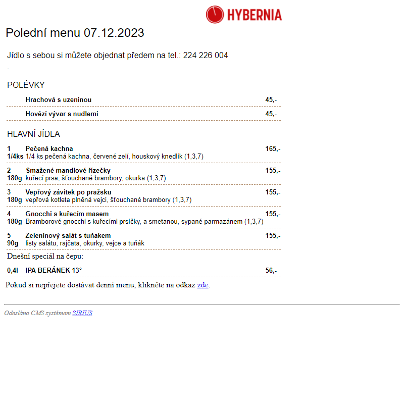 Restaurace Hybernia 2002 - Polední menu dne 07.12.2023