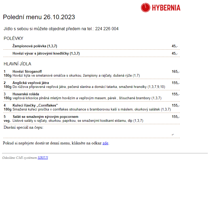 Restaurace Hybernia 2002 - Polední menu dne 26.10.2023