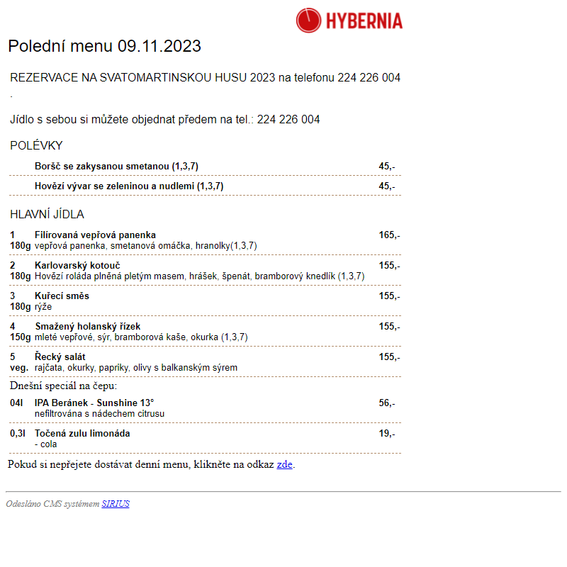Restaurace Hybernia 2002 - Polední menu dne 09.11.2023