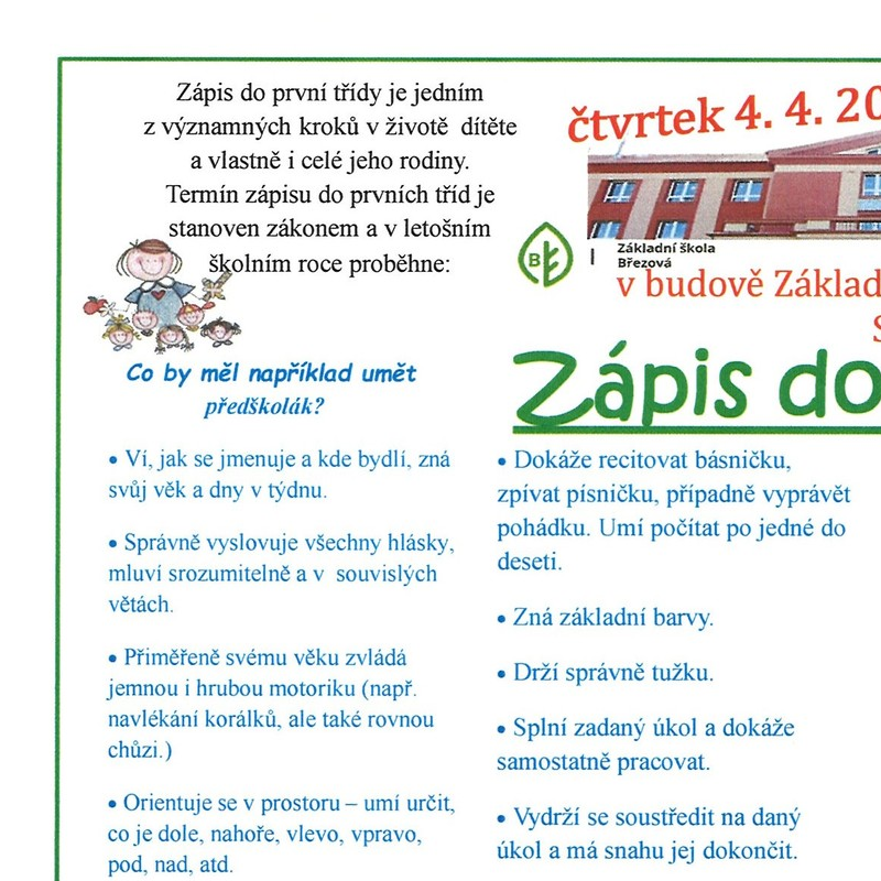 Zápis do 1. třídy - Základní škola Březová - 4.4.2024