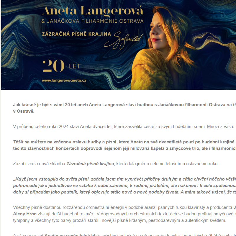 Zázračná písně krajina 20 LET Symfonická – Aneta Langerová & Janáčkova filharmonie Ostrava 