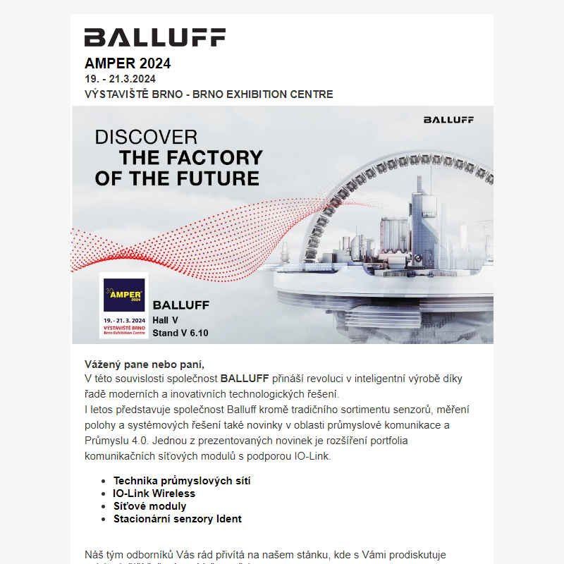 Objevte inovativní řešení společnosti Balluff na veletrhu AMPER 2024