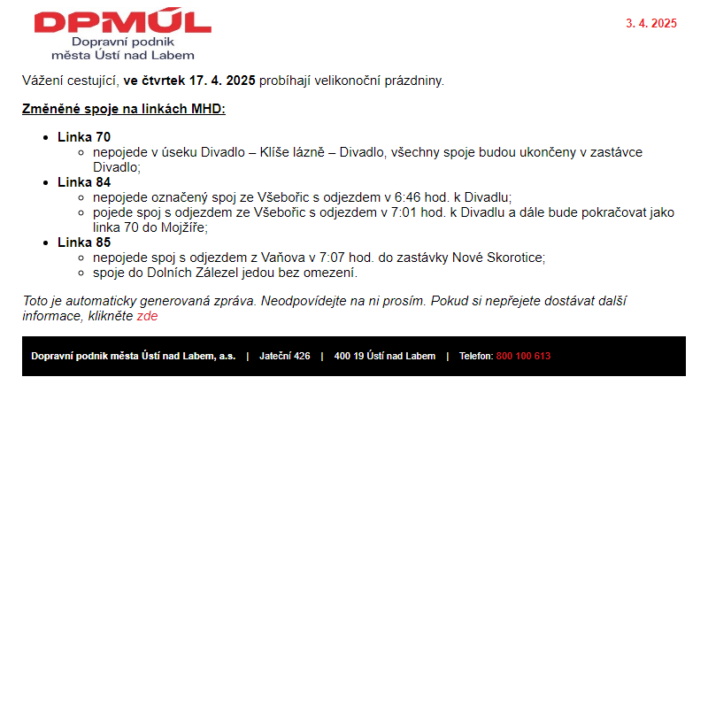 DPmÚL - Velikonoční prázdniny dne 17. 4. 2025