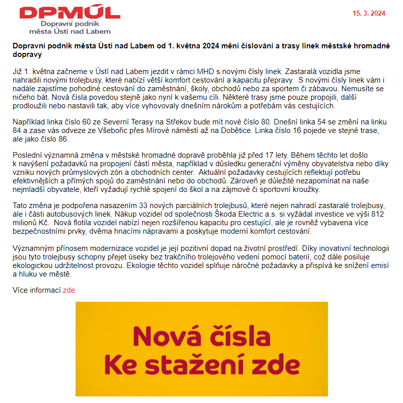 DPmÚL - Změna v MHD od 1. 5. 2024
