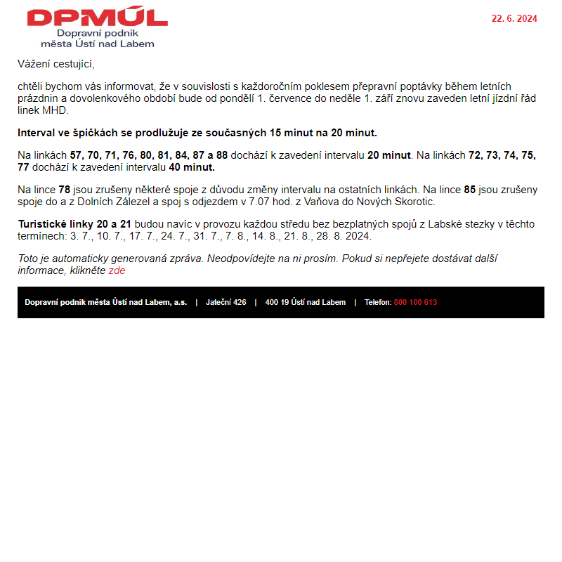 DPmÚL - Letní provoz na linkách MHD od 1. 7. do 1. 9. 2024