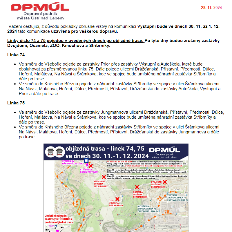 DPmÚL - Dopravní opatření na linkách 74 a 75 po dobu uzavření komunikace Výstupní