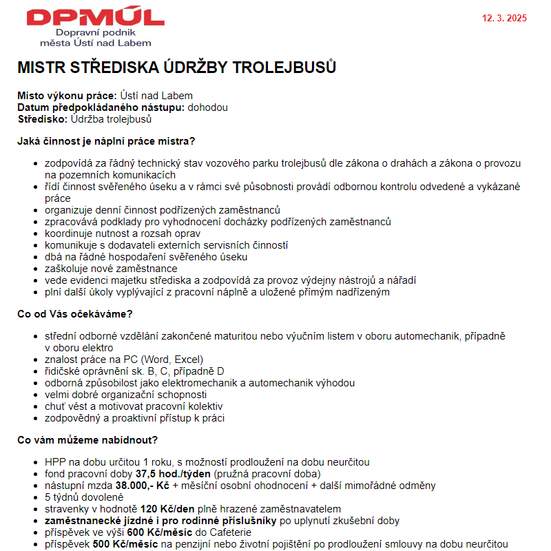 DPmÚL - Pracovní nabídka