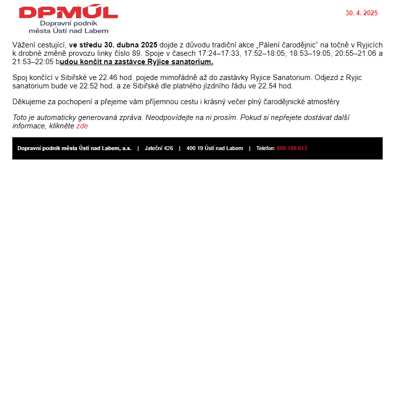 DPmÚL - Ryjice – omezení dopravy na lince 89 dne 30. 4. 2025