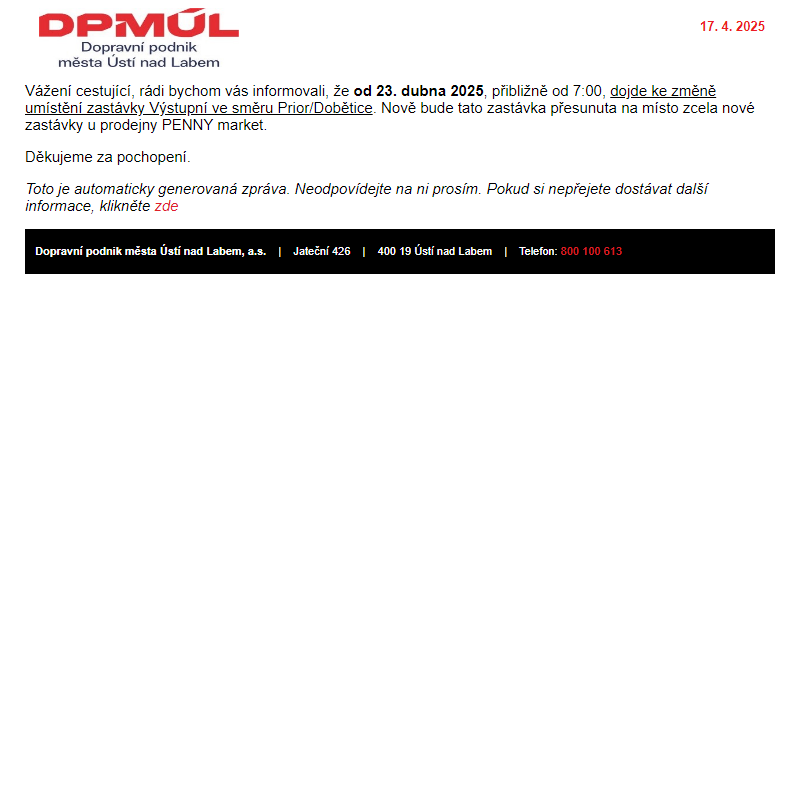 DPmÚL - Zastávka Výstupní směr Prior/Dobětice