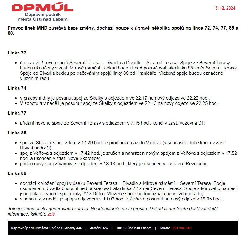 DPmÚL - Celostátní změny od neděle 15. prosince 2024