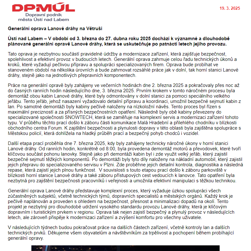 DPmÚL - Generální oprava Lanové dráhy na Větruši