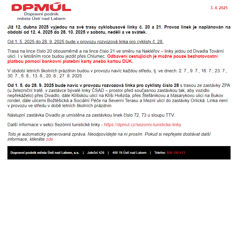 DPmÚL - Cyklobusy vyjíždějí