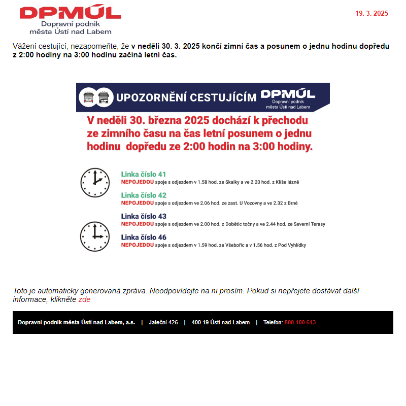 DPmÚL - Změna času - přechod na letní čas