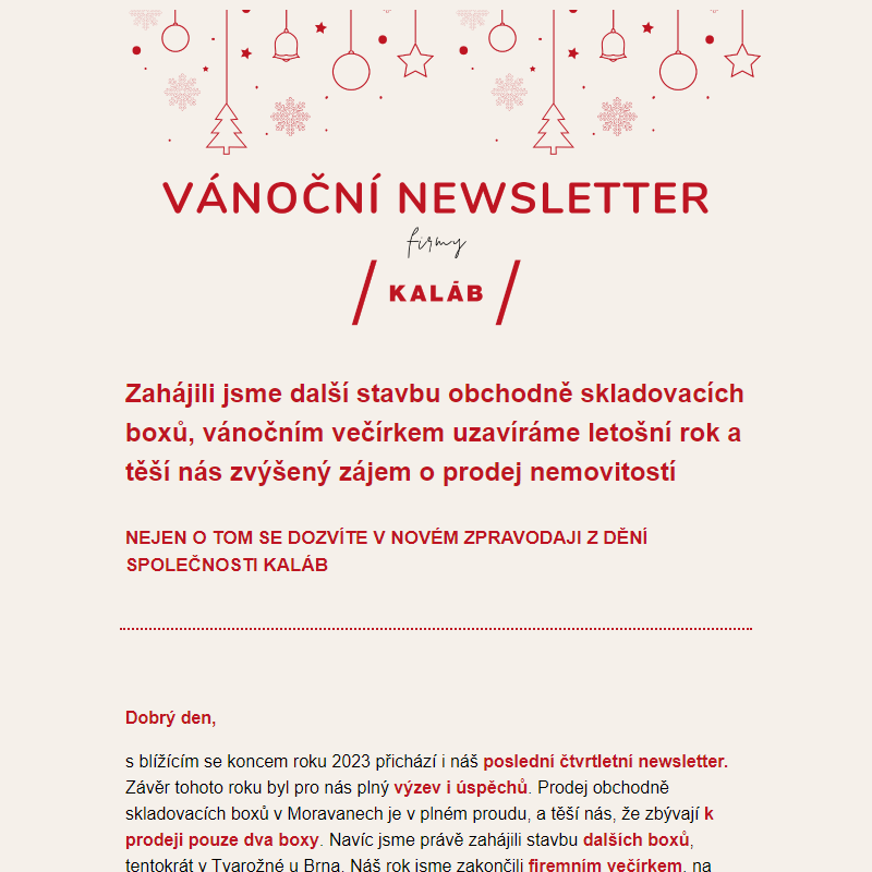Vánoční newsletter firmy KALÁB