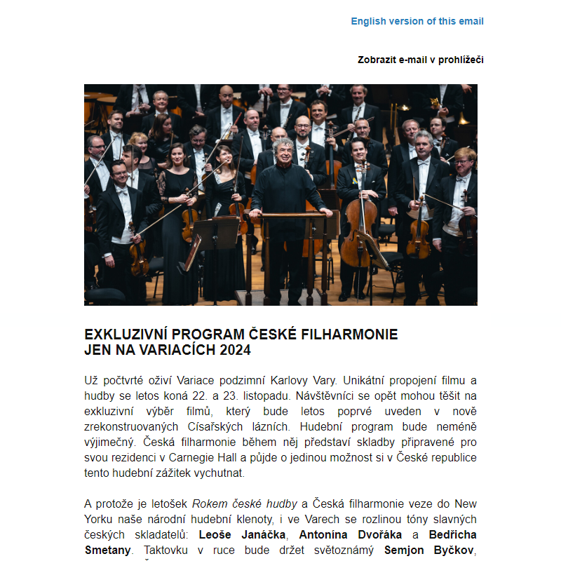 Česká filharmonie představí program určený pro Carnegie Hall pouze v Karlových Varech