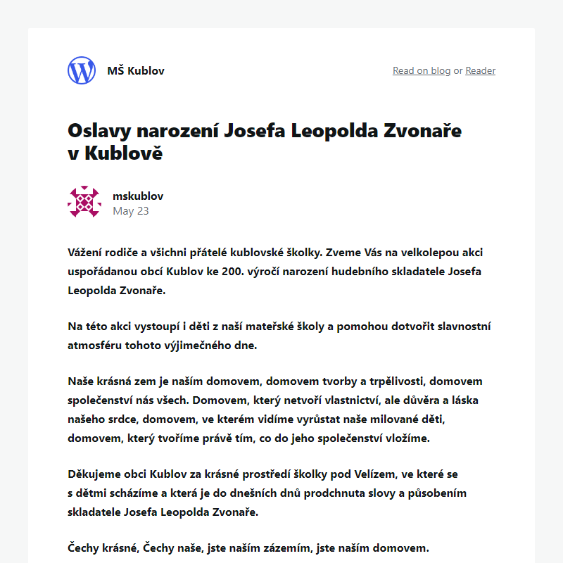 Oslavy narození Josefa Leopolda Zvonaře v Kublově