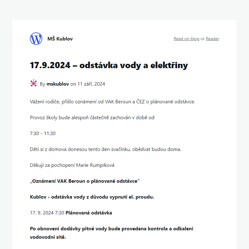 17.9.2024 – odstávka vody a elektřiny