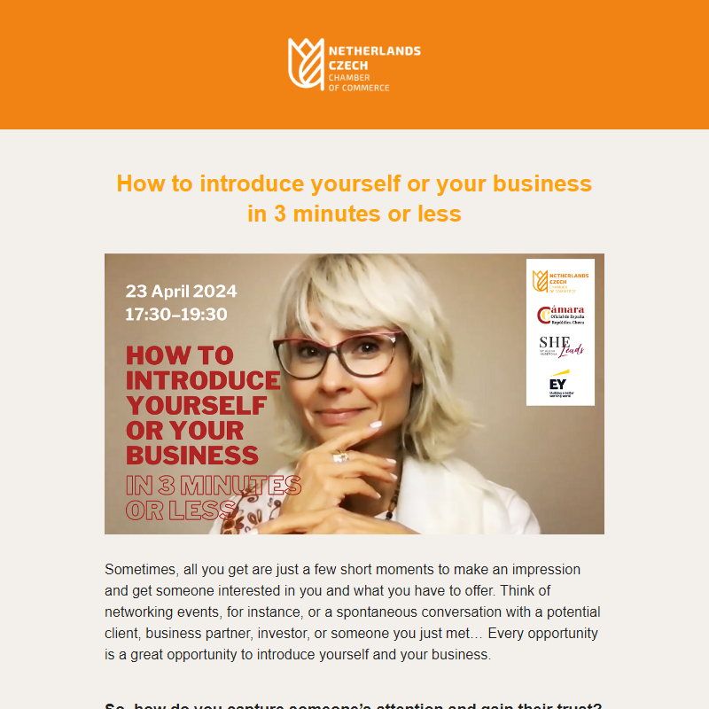 Invitation: How to introduce yourself or your business in 3 minutes or less | 23 April 2024