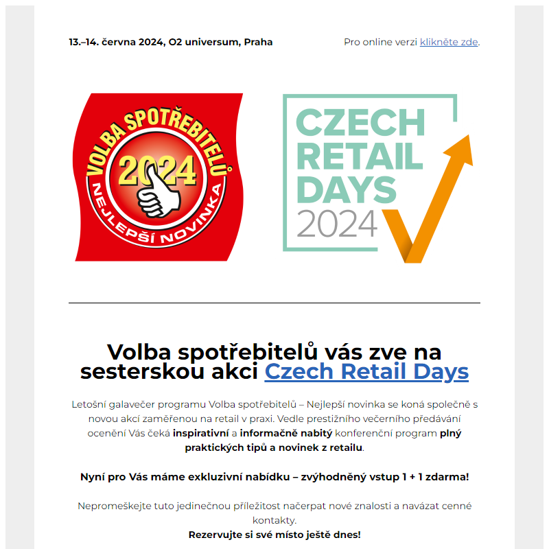 Zveme vás na sesterskou akci Czech Retail Days, která se koná už 13.–14. června