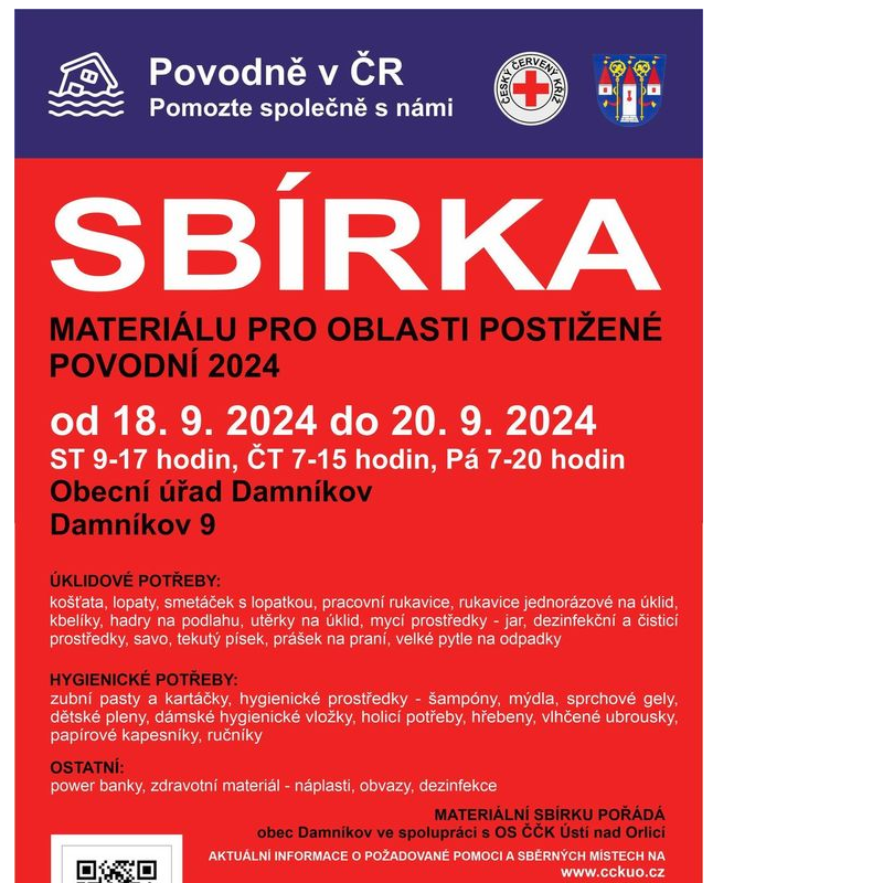 SBÍRKA MATERIÁLU PRO OBLASTI POSTIŽENÉ POVODNÍ 2024