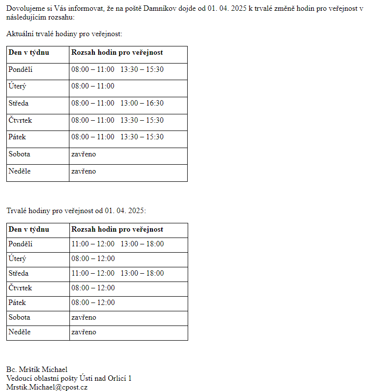 Změna otevírací doby pošty Damníkov od 01.04.2025