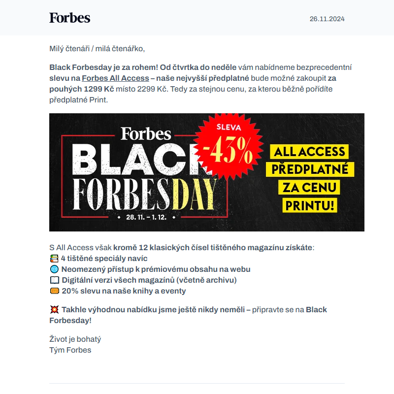 _ Black Forbesday se blíží: Historicky nejvyšší sleva na předplatné Forbesu!