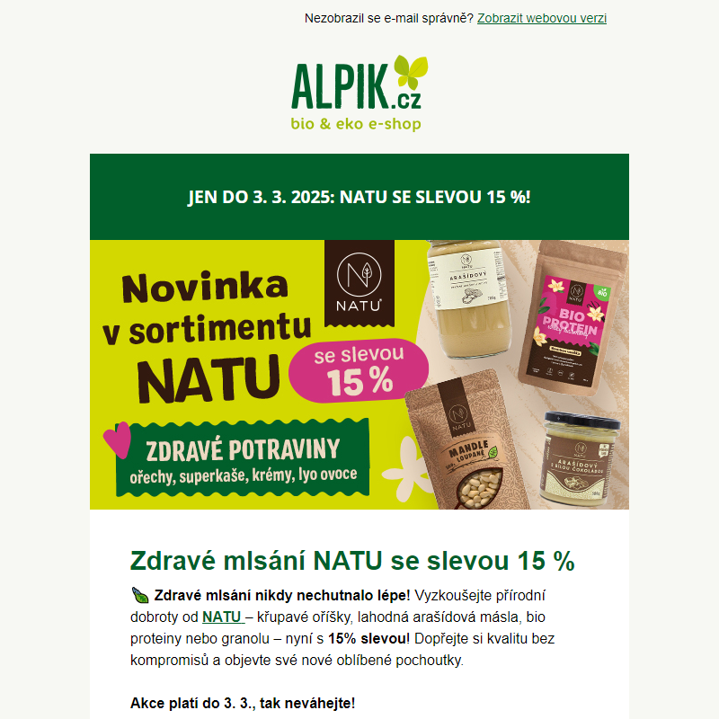 Zdravé mlsání NATU: Sleva 15 % jen do 3. 3.!