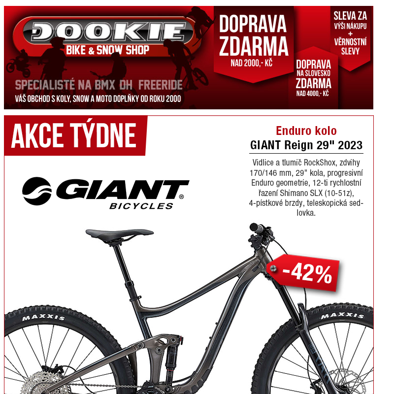 DOOKIE.cz | Enduro kolo GIANT Reign se slevou -42% + Novinky Alpinestars a více.