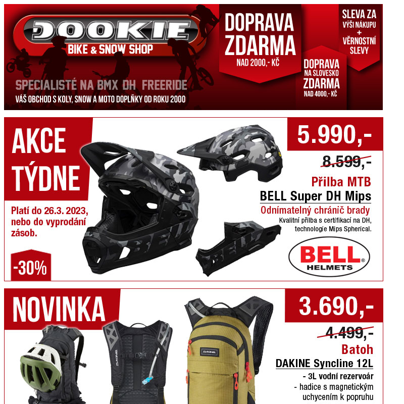 DOOKIE.cz | Akce týdne (Integrálka BELL Super DH -30%) Novinky DAKINE, Vans, Novatec