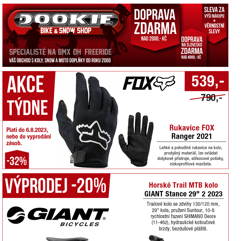 DOOKIE.cz | VÝPRODEJ kol GIANT (až-31%) + Akce týdne -32% na FOX rukavice.