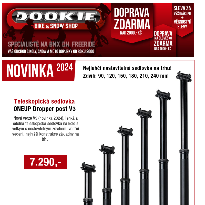 DOOKIE.cz | Nejlehčí teleskopická sedlovka ONEUP v3 skladem + Výprodej komponentů a oblečení na kolo