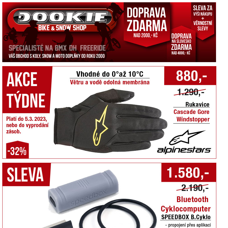 DOOKIE.cz | Akce týdne (rukavice ALPINESTARS -32%) , řídítka Sixpack -59%, Novinky FiveTen, CAMELBAK, CRANKBROTHERS..