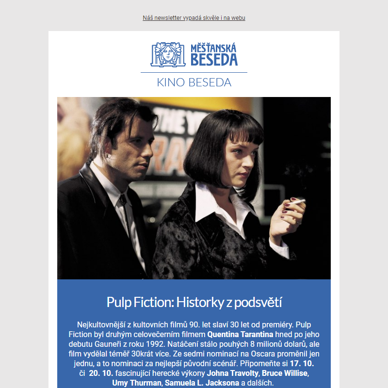 Kultovní tarantinovka Pulp Fiction slaví 30 let. Historky z podsvětí exkluzivně v Kině Beseda.