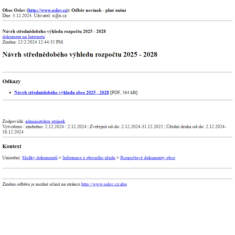 Odběr novinek ze dne 3.12.2024 - dokument Návrh střednědobého výhledu rozpočtu 2025 - 2028