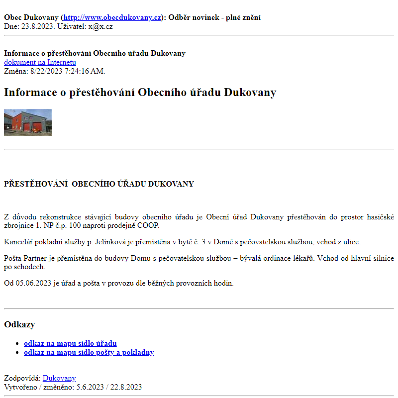 Odběr novinek ze dne 23.8.2023 - dokument Informace o přestěhování Obecního úřadu Dukovany